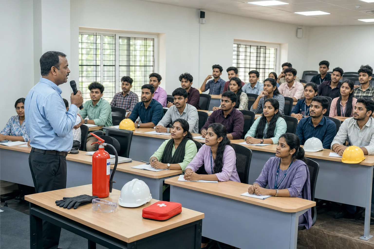 Instructor addressing safety students in a classroom